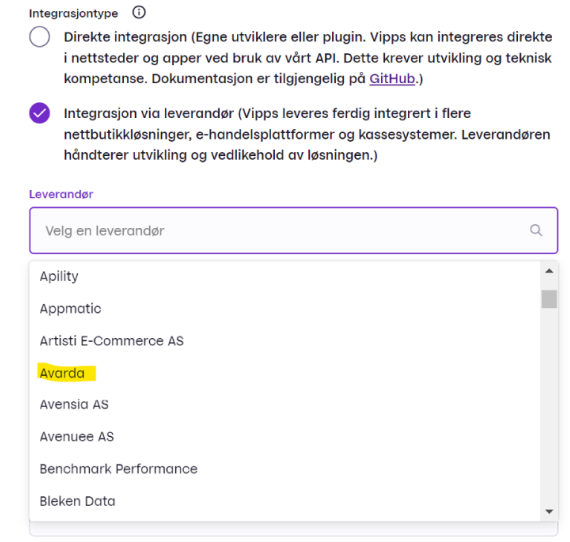 Vipps portal configuration - select Avarda as technical partner for the Sales Unit
